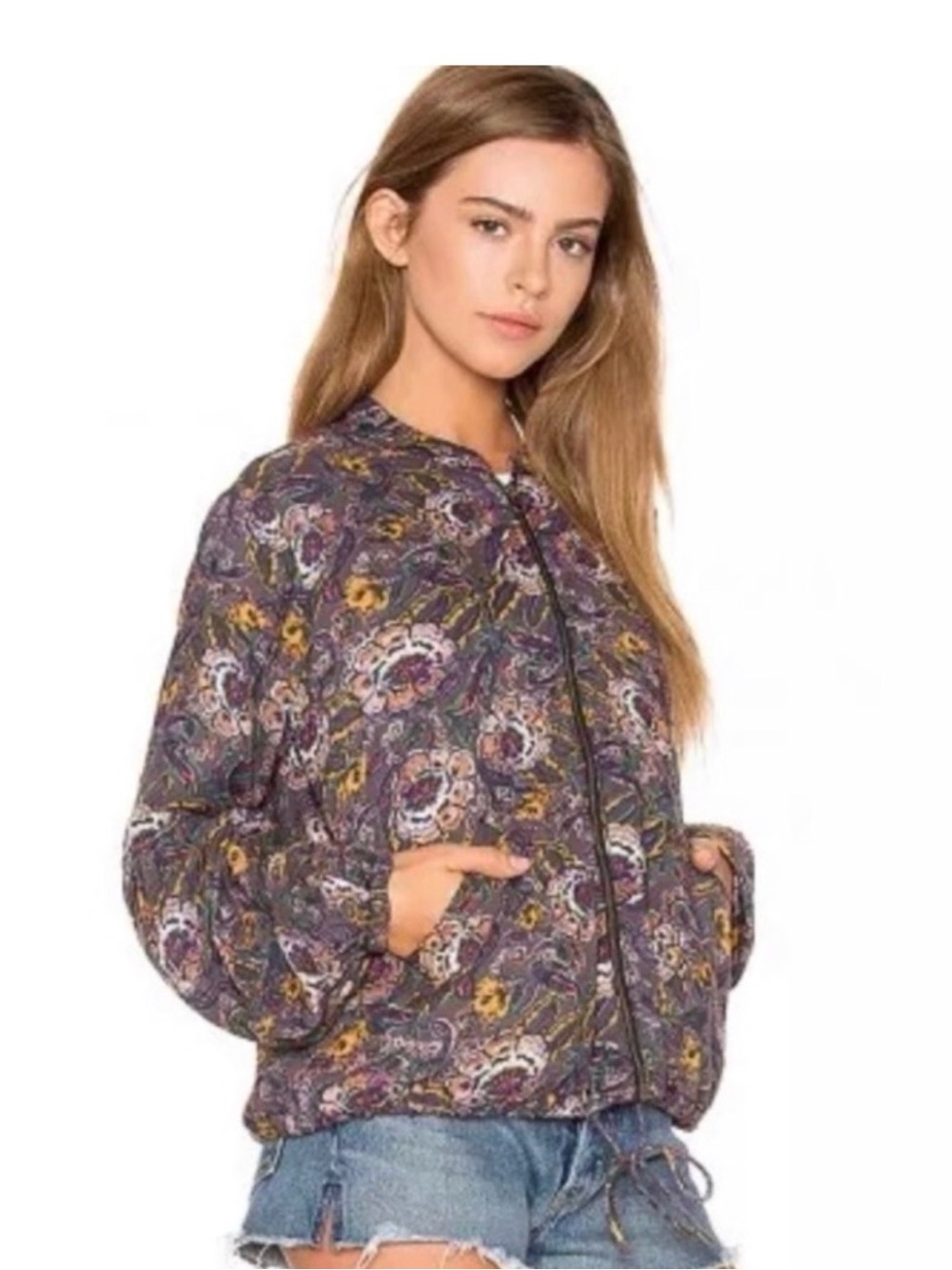 Free People Floral Print Bomber Jacket - Purple, Yellow, Green